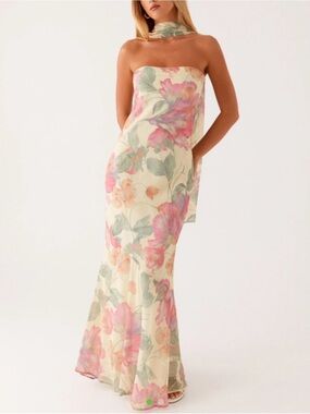 Strapless Floral Slip Dress in Soft Cream and Pink